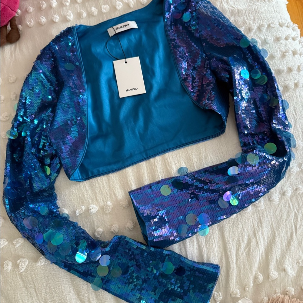 Danielle Guizio NWT Blue Sequin Bolero - Picture 4 of 6